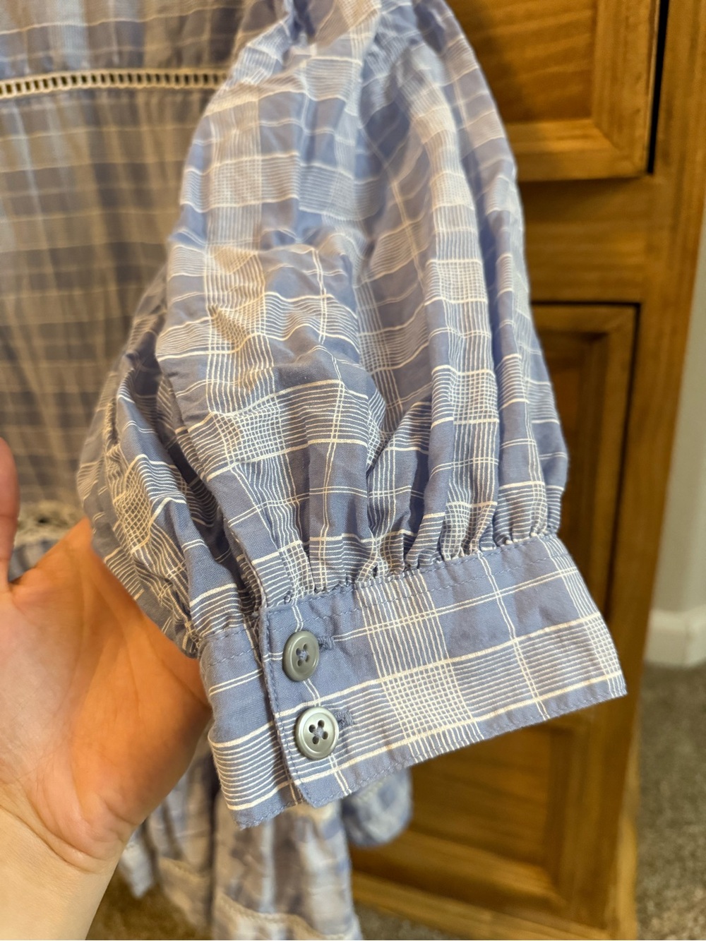 Free People Light Blue Plaid V-Neck Tunic with Lace Trim - Picture 4 of 5